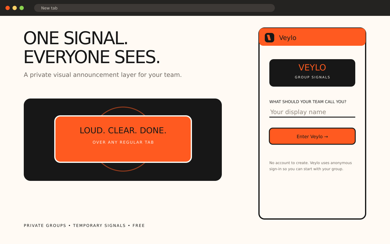 Veylo onboarding screen asking for a display name