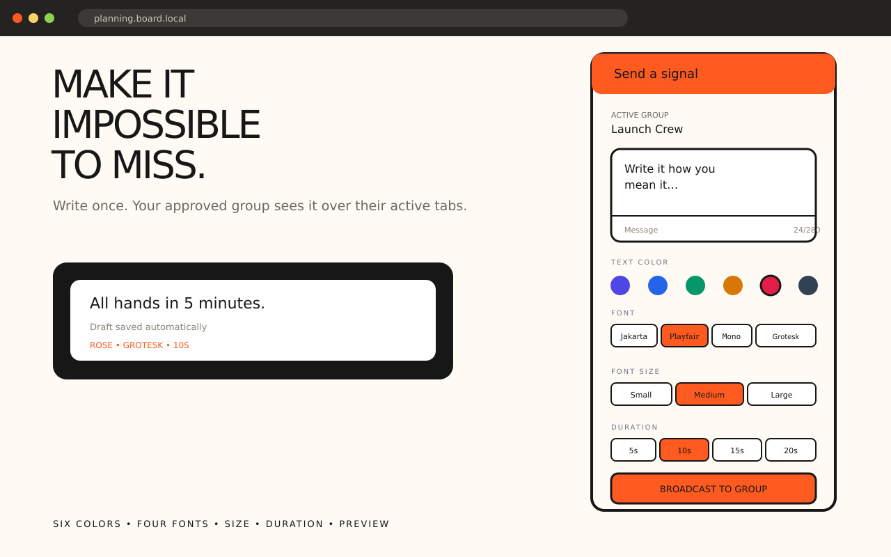 Veylo message composer with color, font, size, and duration controls