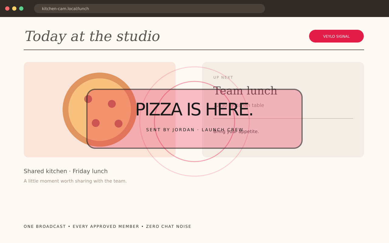 Veylo pizza announcement appearing over a webpage